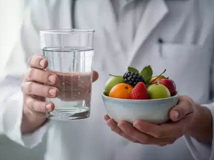 Hände halten ein Glas Wasser und eine kleine Schale mit Obst, symbolisierend Fasten und gesunde Ernährung. - Foto: über boerse-global.de