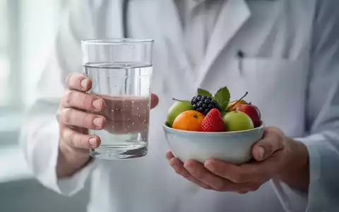 Hände halten ein Glas Wasser und eine kleine Schale mit Obst, symbolisierend Fasten und gesunde Ernährung. - Foto: über boerse-global.de