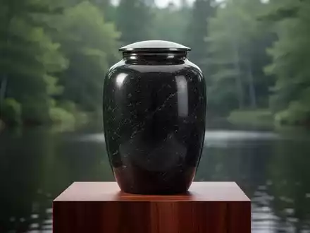 Eine schlichte, moderne Bestattungsurne aus dunklem Stein auf einem Holzsockel, mit unscharfem Hintergrund eines Waldes oder Wassers. - Foto: über boerse-global.de