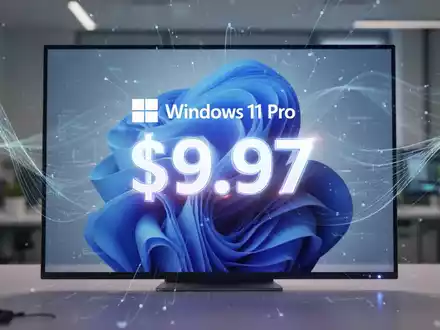 Digitalanzeige mit Windows 11 Pro Logo und Preis von 9,97 $, abstrakte Datenlinien im Hintergrund. - Foto: über boerse-global.de