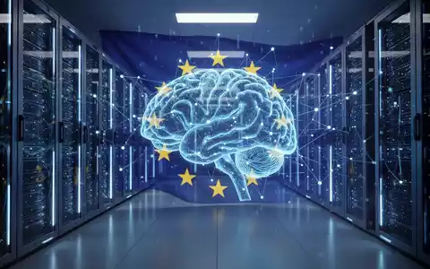 Futuristischer Serverraum mit blauen Lichtern und Netzwerkverbindungen, symbolisiert fortschrittliche KI und strategische technologische Autonomie. - Foto: über boerse-global.de