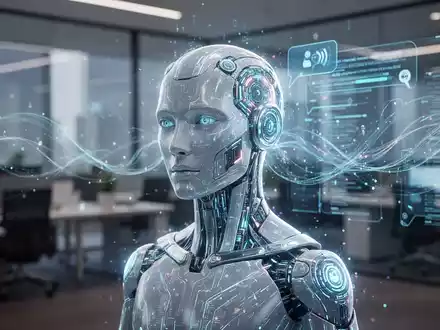 Futuristisches Chatbot-Interface mit schwebenden Daten und stilisiertem 'Emmie'-Symbol in modernem Büro. - Foto: über boerse-global.de