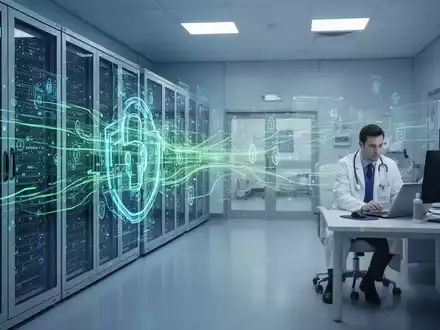 Abstrakte Darstellung digitaler Gesundheitsinfrastruktur mit Datenfluss zwischen Servern und Arztarbeitsplatz. - Foto: über boerse-global.de