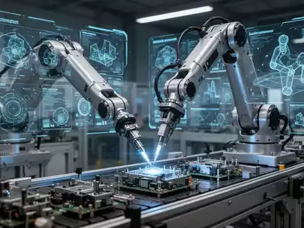 Ein humanoider Roboterarm führt eine heikle Aufgabe am Fließband aus, mit digitalen Daten und Simulationsgrafiken im Hintergrund. - Foto: über boerse-global.de