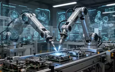 Ein humanoider Roboterarm führt eine heikle Aufgabe am Fließband aus, mit digitalen Daten und Simulationsgrafiken im Hintergrund. - Foto: über boerse-global.de