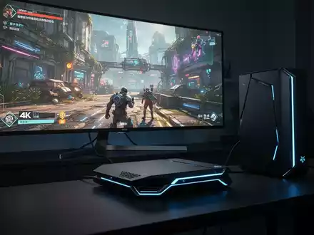 Schlanke schwarze Spielkonsole mit blauen Lichtakzenten, verbunden mit einem großen Monitor, der ein lebendiges 4K-Videospiel zeigt. - Foto: über boerse-global.de