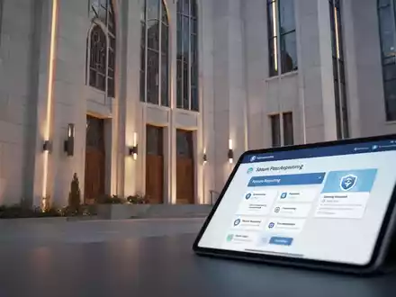 Eine moderne Kirche oder ein Verwaltungsgebäude mit einem Tablet im Vordergrund, das ein digitales Meldesystem anzeigt. - Foto: über boerse-global.de