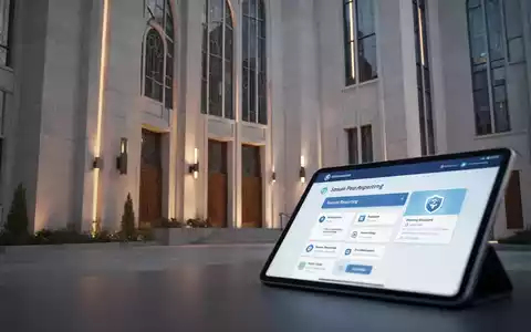 Eine moderne Kirche oder ein Verwaltungsgebäude mit einem Tablet im Vordergrund, das ein digitales Meldesystem anzeigt. - Foto: über boerse-global.de