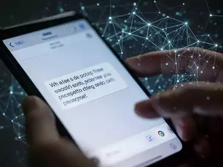 Nahaufnahme eines Smartphones, das eine betrügerische SMS anzeigt, mit unscharfen Händen, die damit interagieren. Ein digitales Netzwerk im Hintergrund. - Foto: über boerse-global.de