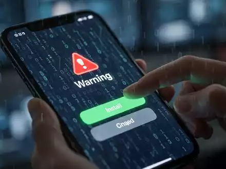 Smartphone-Bildschirm mit Warnhinweis und Binärcode, Hand über Installieren-Button symbolisiert Malware-Gefahr. - Foto: über boerse-global.de