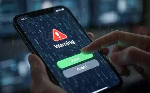 Smartphone-Bildschirm mit Warnhinweis und Binärcode, Hand über Installieren-Button symbolisiert Malware-Gefahr. - Foto: über boerse-global.de