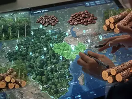 Hände untersuchen eine digitale Karte mit Waldgebieten und GPS-Koordinaten, überlagert mit Kaffee, Kautschuk und Holz. Symbolisiert EUDR und Lieferketten. - Foto: über boerse-global.de