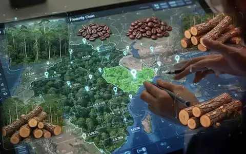Hände untersuchen eine digitale Karte mit Waldgebieten und GPS-Koordinaten, überlagert mit Kaffee, Kautschuk und Holz. Symbolisiert EUDR und Lieferketten. - Foto: über boerse-global.de