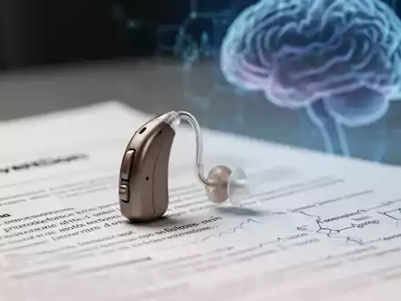Ein modernes Hörgerät liegt auf einem Tisch neben einem wissenschaftlichen Artikel und einer verschwommenen Gehirngrafik. - Foto: über boerse-global.de