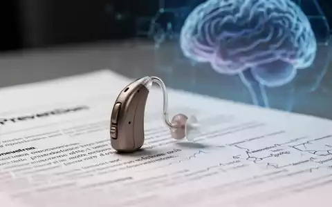 Ein modernes HörgerĂ€t liegt auf einem Tisch neben einem wissenschaftlichen Artikel und einer verschwommenen Gehirngrafik. - Foto: ĂŒber boerse-global.de