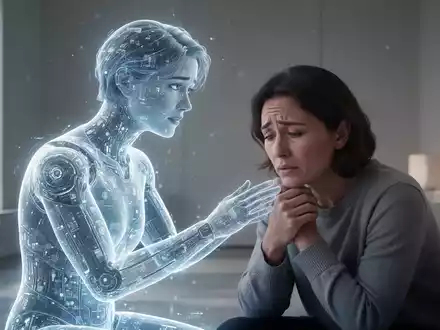 Transparenter digitaler Avatar interagiert mit einer Person, symbolisiert KI-Simulationen Verstorbener und digitale Unsterblichkeit. - Foto: über boerse-global.de