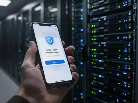 Eine Hand hält ein Smartphone mit einer Multi-Faktor-Authentifizierungsaufforderung, im Hintergrund ein Server-Rack. - Foto: über boerse-global.de