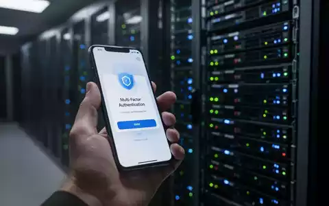Eine Hand hält ein Smartphone mit einer Multi-Faktor-Authentifizierungsaufforderung, im Hintergrund ein Server-Rack. - Foto: über boerse-global.de