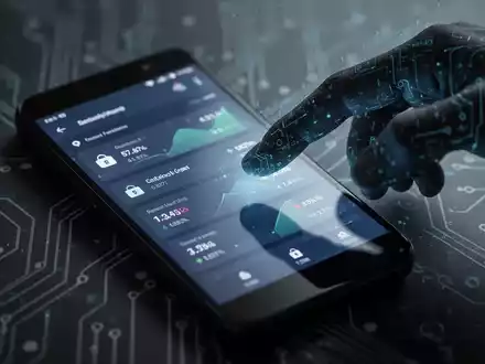 Ein Android-Smartphone mit einer Finanz-App, eine digitale, schattenhafte Hand greift nach dem Bildschirm, um Manipulation und Diebstahl darzustellen. - Foto: über boerse-global.de