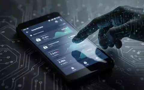 Ein Android-Smartphone mit einer Finanz-App, eine digitale, schattenhafte Hand greift nach dem Bildschirm, um Manipulation und Diebstahl darzustellen. - Foto: über boerse-global.de