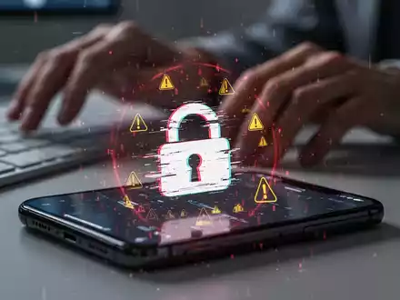 Nahaufnahme eines Smartphone-Bildschirms mit einem verzerrten, fehlerhaften Schloss-Symbol und digitalen Warnungen, im Hintergrund eine unscharfe Hand über einer Tastatur. - Foto: über boerse-global.de