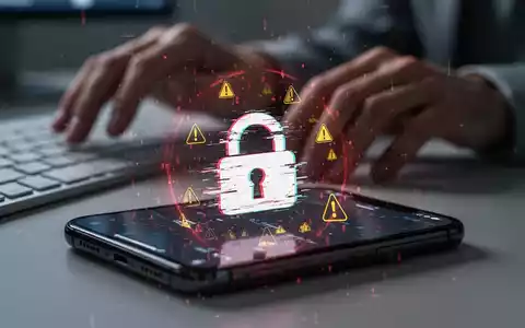 Nahaufnahme eines Smartphone-Bildschirms mit einem verzerrten, fehlerhaften Schloss-Symbol und digitalen Warnungen, im Hintergrund eine unscharfe Hand über einer Tastatur. - Foto: über boerse-global.de
