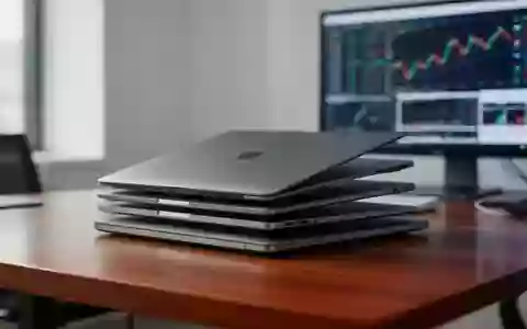 Ein Stapel moderner refurbished Laptops auf einem Schreibtisch im Büro, mit leicht unscharfen Finanzdiagrammen im Hintergrund. - Foto: über boerse-global.de