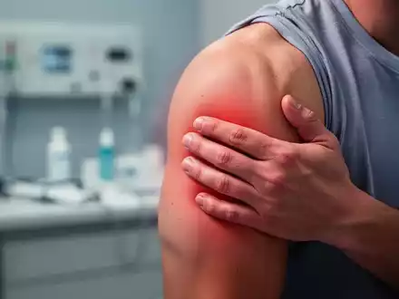 Nahaufnahme eines Arms und einer Schulter, die Muskelbeschwerden andeuten, mit einem medizinischen Hintergrund. - Foto: über boerse-global.de