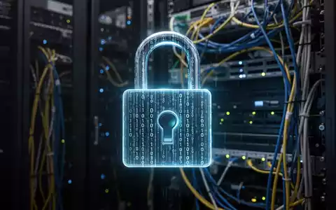 Digitales Vorhängeschloss mit Binärcode über einem Serverraum, symbolisiert Cybersicherheit und Passwortschutz. - Foto: über boerse-global.de