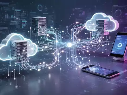 Leuchtende, verbundene Linien zwischen stilisierten Cloud-Servern und Mobilgeräten, die Datensynchronisation und Zugriff darstellen. - Foto: über boerse-global.de