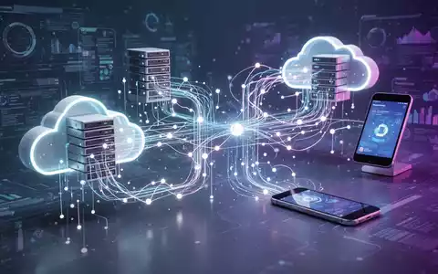 Leuchtende, verbundene Linien zwischen stilisierten Cloud-Servern und Mobilgeräten, die Datensynchronisation und Zugriff darstellen. - Foto: über boerse-global.de