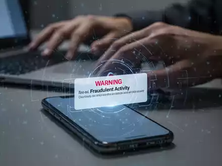 Ein Smartphone zeigt eine Betrugswarnung, während im Hintergrund eine Hand über einer Laptoptastatur schwebt. - Foto: über boerse-global.de