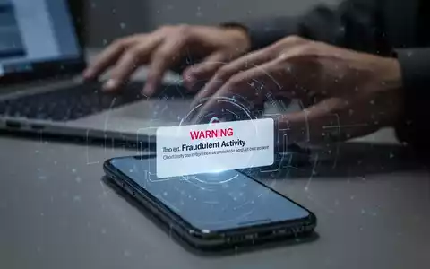 Ein Smartphone zeigt eine Betrugswarnung, während im Hintergrund eine Hand über einer Laptoptastatur schwebt. - Foto: über boerse-global.de