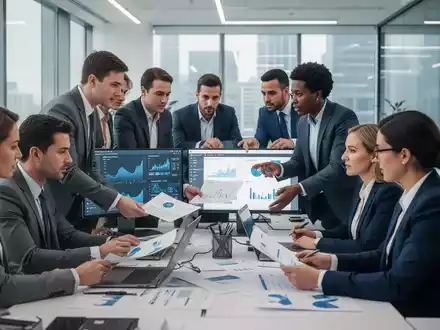 Finanz- und Bürofachkräfte arbeiten in einem modernen Büro zusammen, überprüfen Dokumente und diskutieren Daten auf Bildschirmen. - Foto: über boerse-global.de