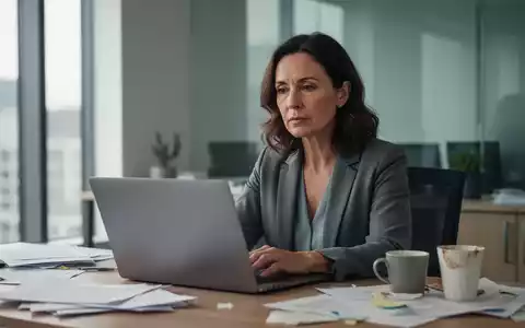 Eine nachdenkliche erwachsene Frau in einem modernen Büro blickt auf einen Laptop, mit Anzeichen leichter Unordnung auf dem Schreibtisch. - Foto: über boerse-global.de