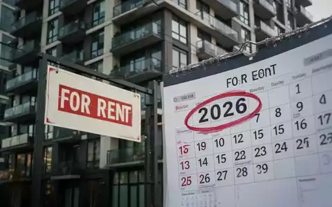 Eine moderne Mietwohnungsfassade mit einem 'Zu vermieten'-Schild, teilweise verdeckt von einem Kalender mit dem eingekreisten Jahr 2026. - Foto: über boerse-global.de