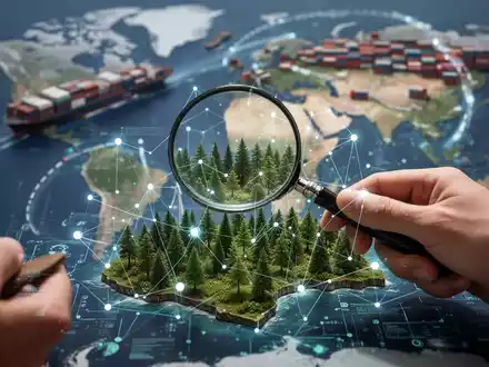 Eine Hand hält eine Lupe über eine detaillierte Waldkarte mit digitalen Datenpunkten, im Hintergrund verschwommene Containerschiffe. - Foto: über boerse-global.de
