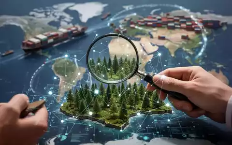Eine Hand hält eine Lupe über eine detaillierte Waldkarte mit digitalen Datenpunkten, im Hintergrund verschwommene Containerschiffe. - Foto: über boerse-global.de