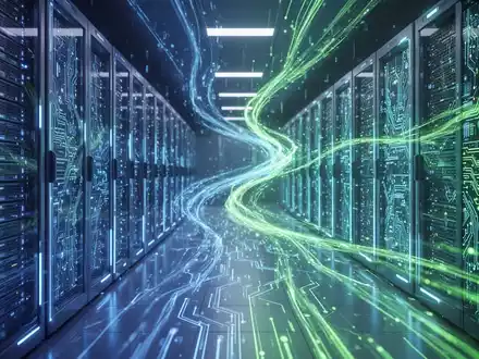 Glühende Server-Racks und Leiterplatten in einem KI-Rechenzentrum mit blauen und grünen digitalen Lichtströmen. - Foto: über boerse-global.de