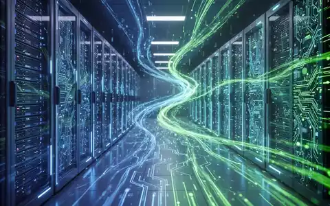 Glühende Server-Racks und Leiterplatten in einem KI-Rechenzentrum mit blauen und grünen digitalen Lichtströmen. - Foto: über boerse-global.de