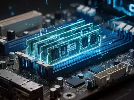 Nahaufnahme eines alten Computer-Motherboards mit DDR1-RAM, beleuchtet von futuristischem blauen Licht, symbolisiert Hardware-Modifikation. - Foto: über boerse-global.de