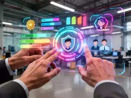 Hände interagieren mit einer holographischen Anzeige, die Gamification-Elemente wie Fortschrittsbalken und Abzeichen zeigt, in einer modernen Trainingsumgebung. - Foto: über boerse-global.de