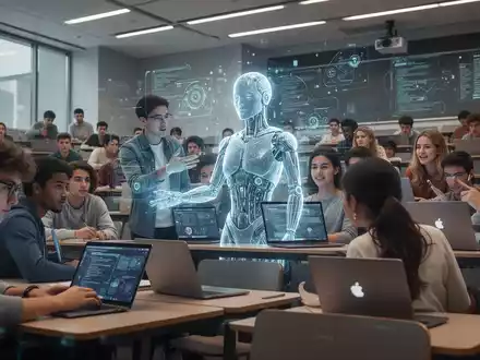 Eine Gruppe Studierender in einem Hörsaal, einige nutzen Laptops, andere interagieren mit einer holografischen KI-Projektion. - Foto: über boerse-global.de