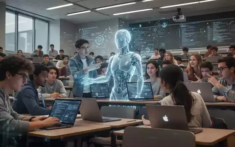 Eine Gruppe Studierender in einem Hörsaal, einige nutzen Laptops, andere interagieren mit einer holografischen KI-Projektion. - Foto: über boerse-global.de