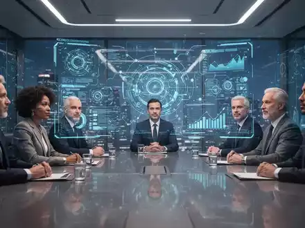 Geschäftsleute in einem modernen Sitzungssaal, die eine holografische Anzeige mit Daten und KI-Algorithmen betrachten. - Foto: über boerse-global.de