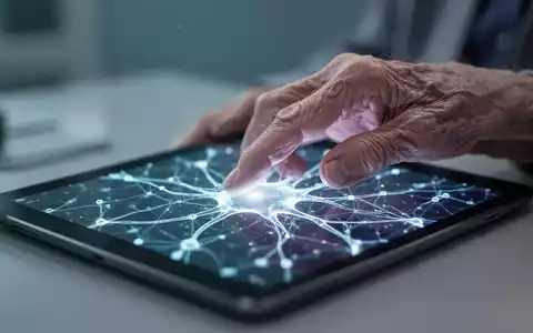 Eine ältere Hand berührt ein Tablet, das neuronale Muster zeigt, symbolisiert KI in der Alzheimer-Diagnostik. - Foto: über boerse-global.de