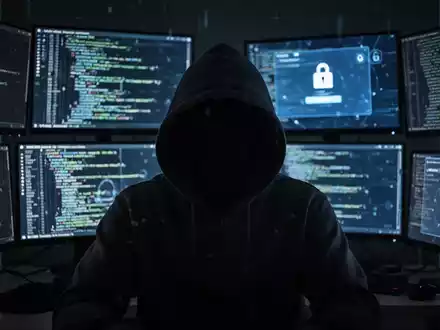 Verschwommene Gestalt in Kapuzenjacke, beleuchtet von mehreren Bildschirmen mit Code, symbolisiert Cyberkriminalität und Datenlecks. - Foto: über boerse-global.de