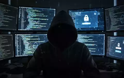 Verschwommene Gestalt in Kapuzenjacke, beleuchtet von mehreren Bildschirmen mit Code, symbolisiert Cyberkriminalität und Datenlecks. - Foto: über boerse-global.de