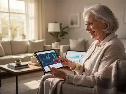 Eine lächelnde ältere Frau sitzt in einem aufgeräumten Wohnzimmer und schaut auf ein Tablet, das Finanzdaten anzeigt. - Foto: über boerse-global.de