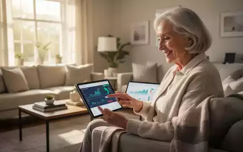 Eine lächelnde ältere Frau sitzt in einem aufgeräumten Wohnzimmer und schaut auf ein Tablet, das Finanzdaten anzeigt. - Foto: über boerse-global.de